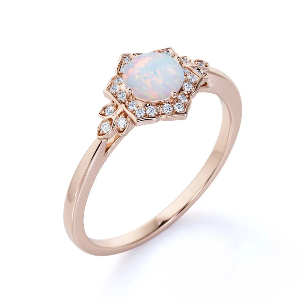 Vintage 1.75 ct Round Ethiopian Opal and Moissanite Engagement Ring in 18K Rose Gold over Silver M3121