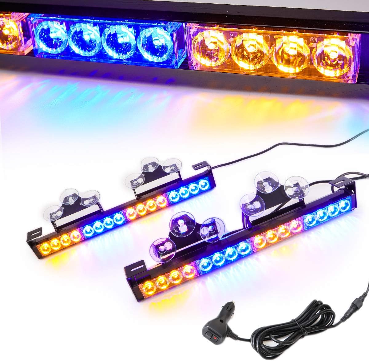 2 in 1 Emergency Strobe Light Bar 21 Flash Patterns Traffic Advisor Warning Hazard Windshield Safety Lights Bar with Cigar Lighter (2×16.8 inch, 32 Led) Pack of 2 R252