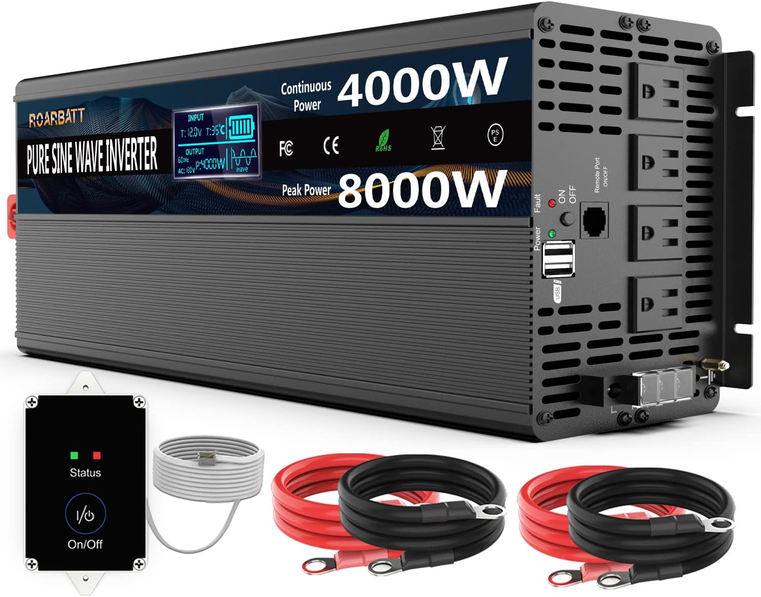 4000Watt 12V DC to AC 110V Power Inverter with Remote Control 4 AC Outlets Dual USB Port U7793