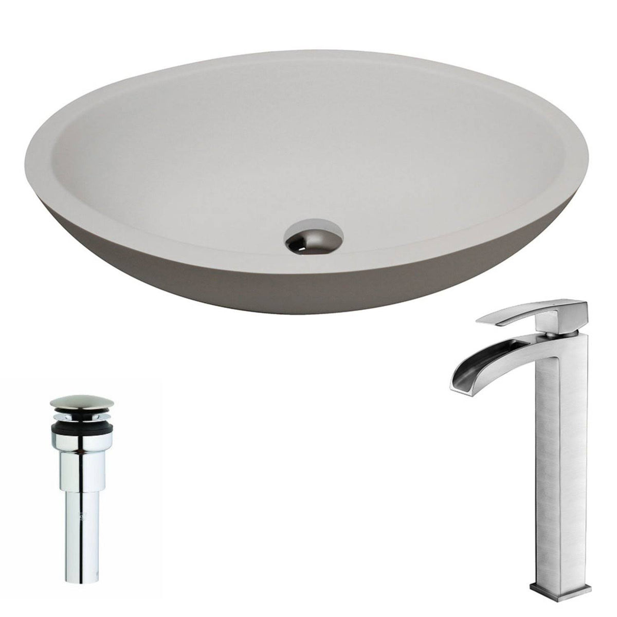 Matte White Man Made Stone Vessel Sink with Brushed Nickel Faucet H24330