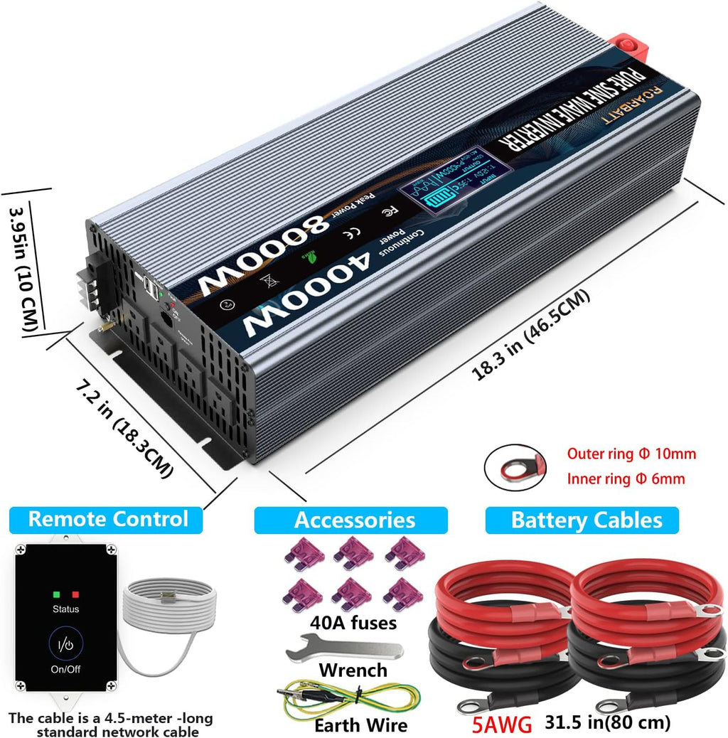 4000Watt 12V DC to AC 110V Power Inverter with Remote Control 4 AC Outlets Dual USB Port U7793