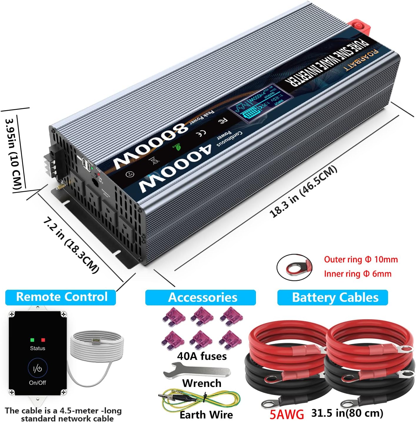 4000Watt 12V DC to AC 110V Power Inverter with Remote Control 4 AC Outlets Dual USB Port U7793