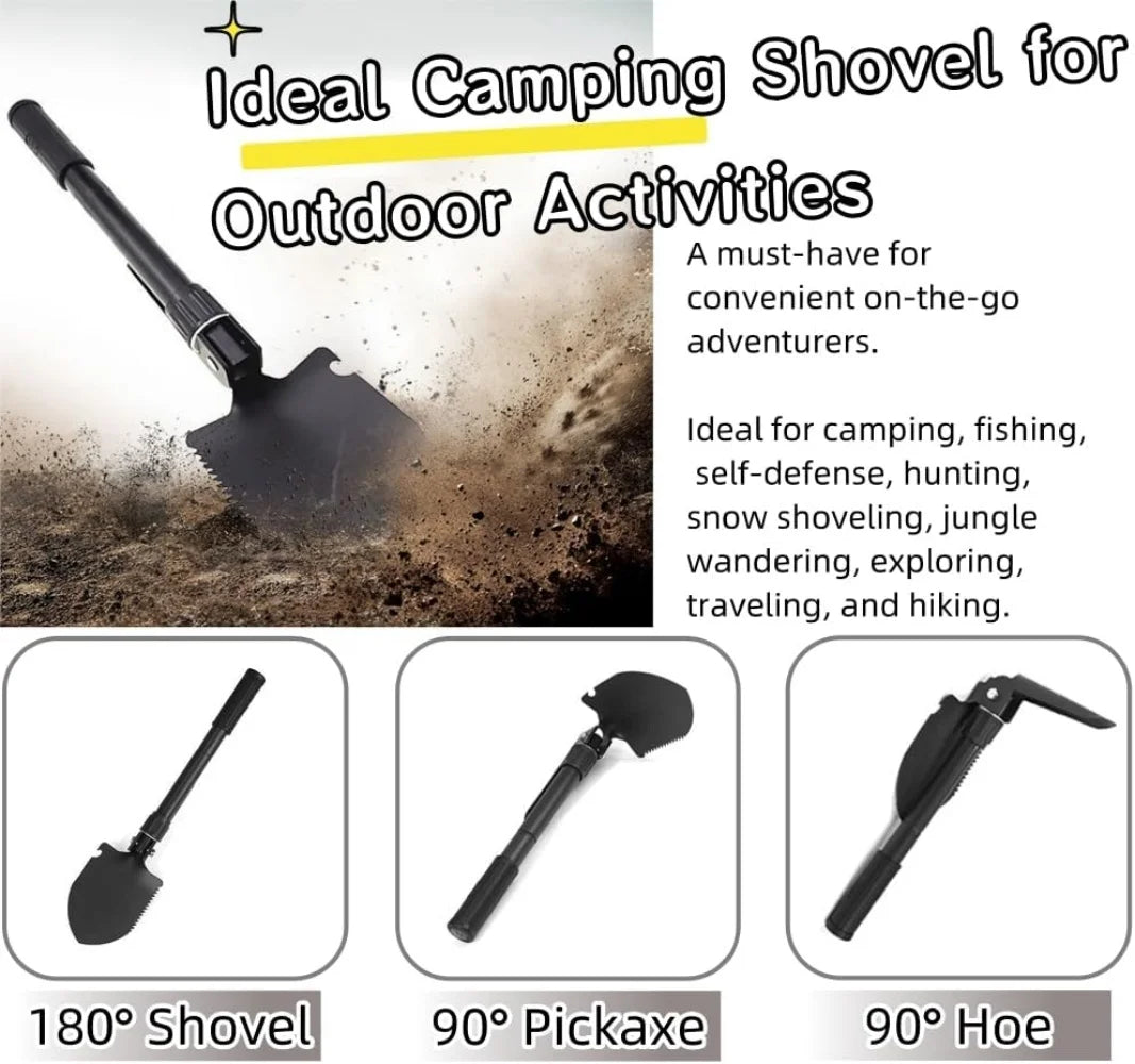 Black Folding Camping Shovel with Carrying Pouch D848789