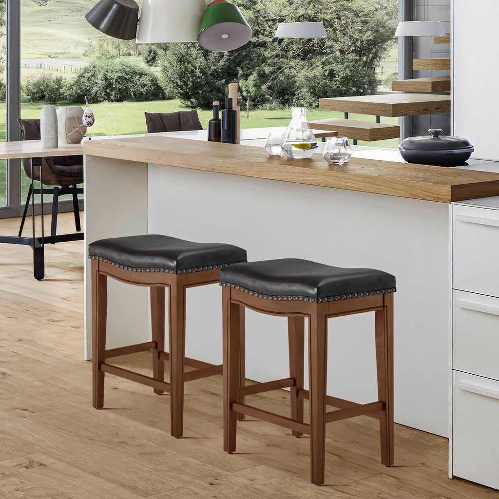Walnut Upholstered Wooden Bar Stools, Set of 2 H989