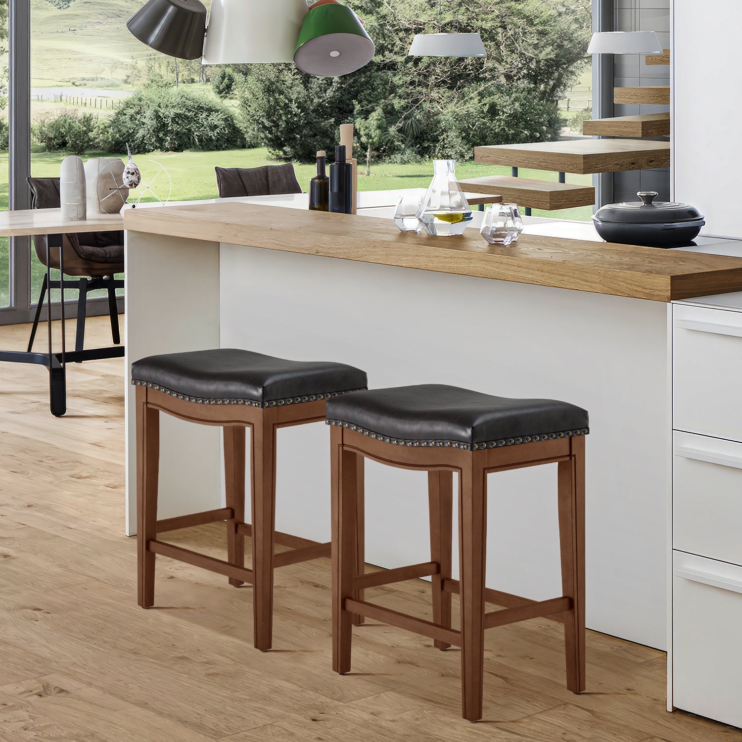 Walnut Upholstered Wooden Bar Stools, Set of 2 H989