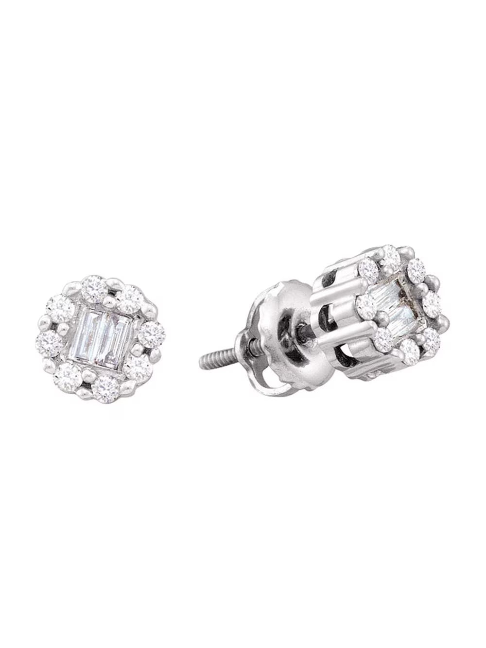 14kt White Gold Round Baguette Diamond Cluster Stud Earrings 1/4 Cttw G70577