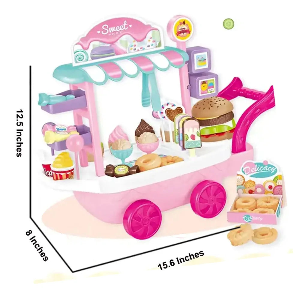 Dessert Candy Trolley Kitchen Toy Set with Umbrella Food Dishes Q30844