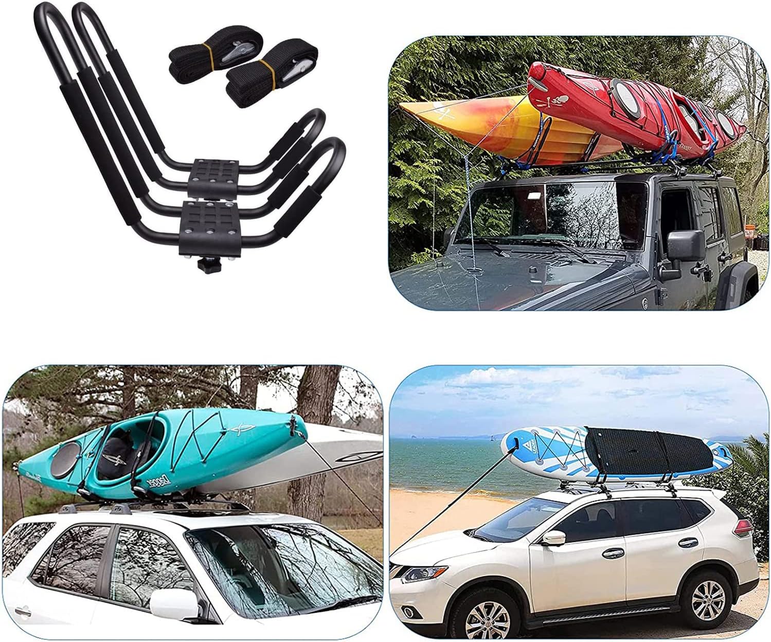2PCS J-Bar Kayak Roof Rack with 2 7.2Ft Ratchet Lashing Straps A948928