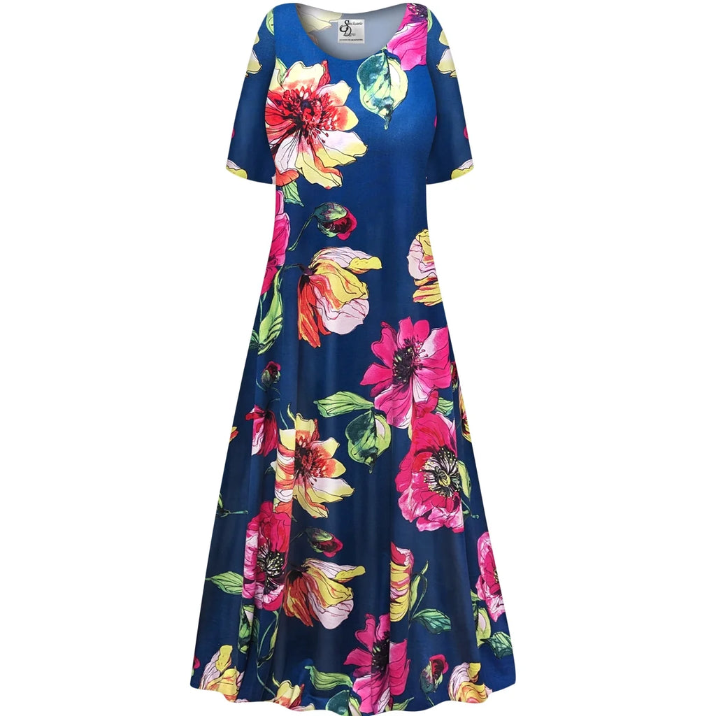 Blue Short Sleeve A Line Maxi Dress Q836