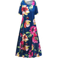 Blue Short Sleeve A Line Maxi Dress Q836