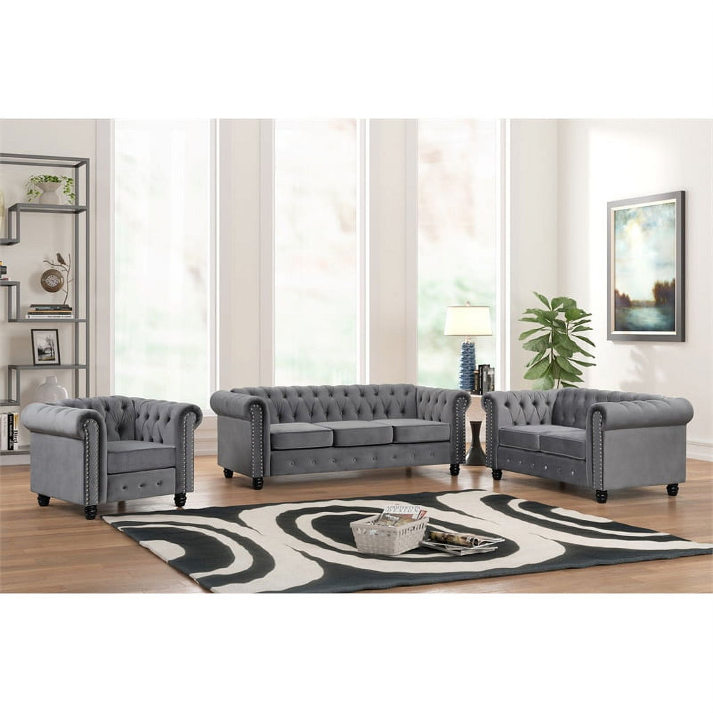 Gray Velvet Sofa Loveseat Armchair Set F823