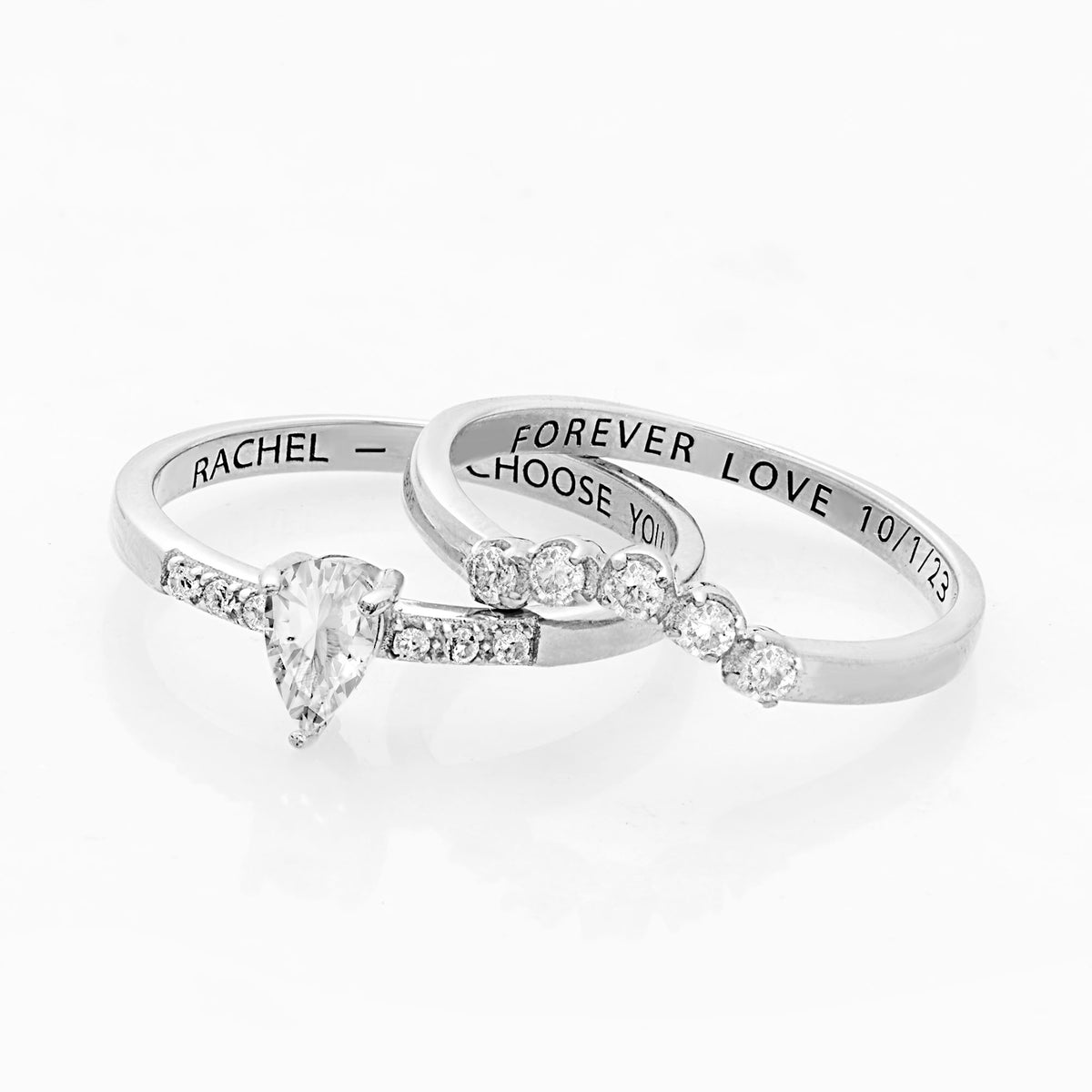 Pear White Topaz 2 Piece Engraved Wedding Set Z8931
