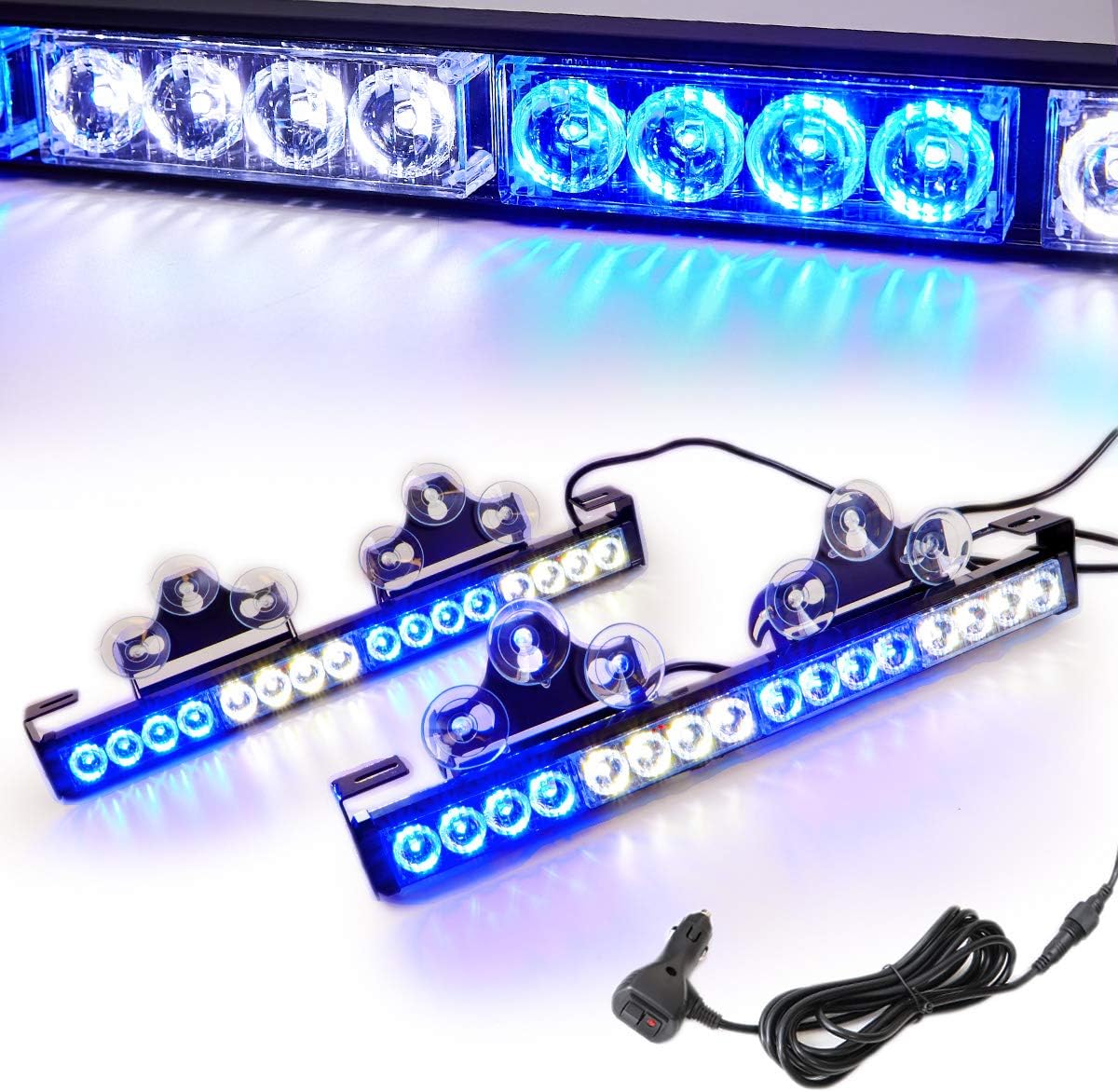 2 in 1 Emergency Strobe Light Bar 21 Flash Patterns Traffic Advisor Warning Hazard Windshield Safety Lights Bar with Cigar Lighter (2×16.8 inch, 32 Led) Pack of 2 R252