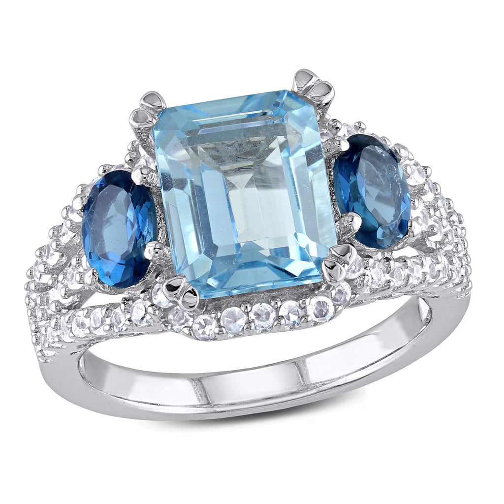 Oval & Octagon-Cut Sky & London Blue Topaz and Created White Sapphire Sterling Silver 3-Stone Ring K303628