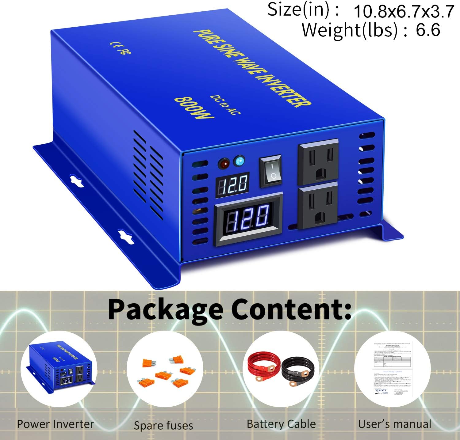600W Pure Sine Wave Inverter 12v to 110v 120v dc to ac Dual US Plug R4471