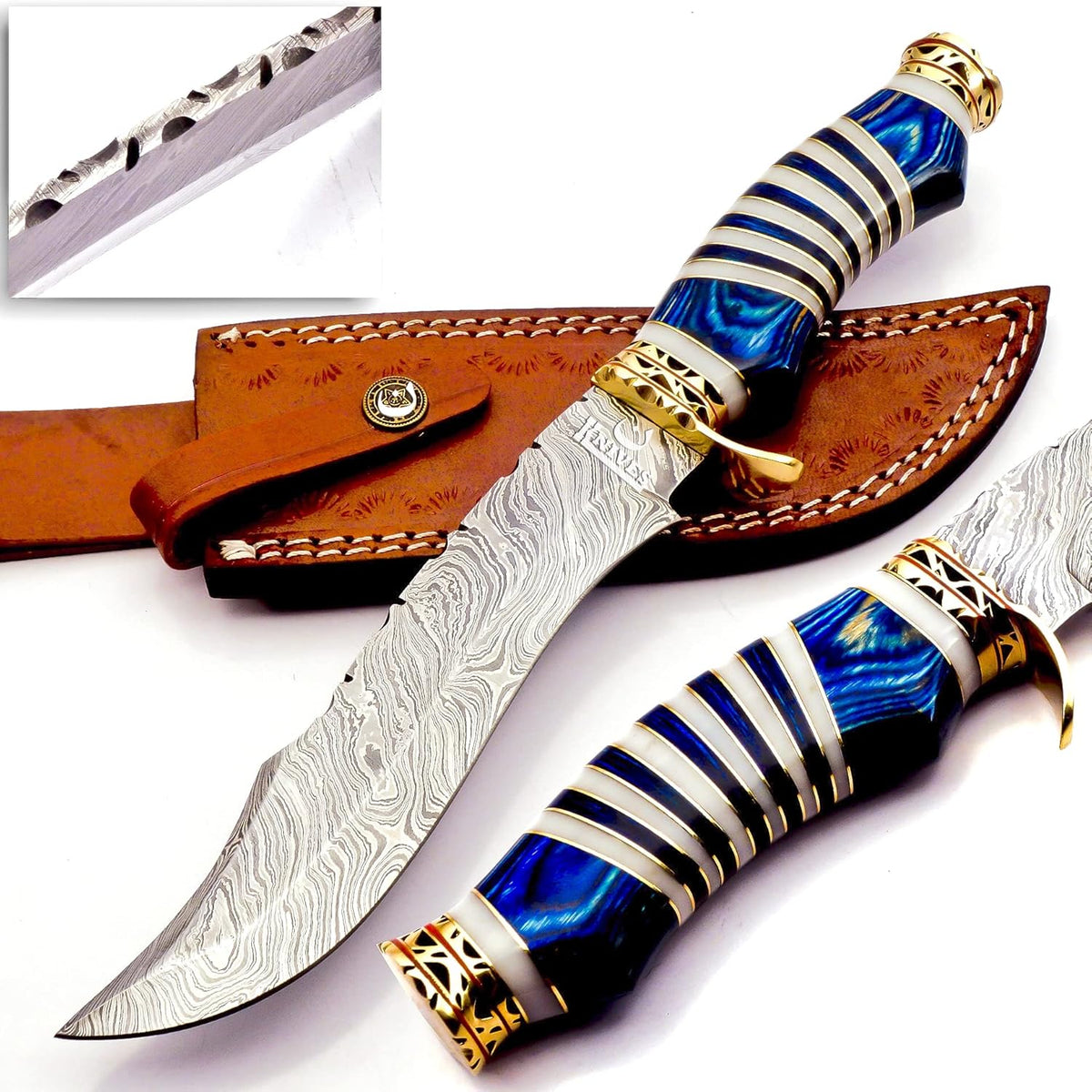 Damascus Steel Bowie Knife with Camel Bone Handle L9492