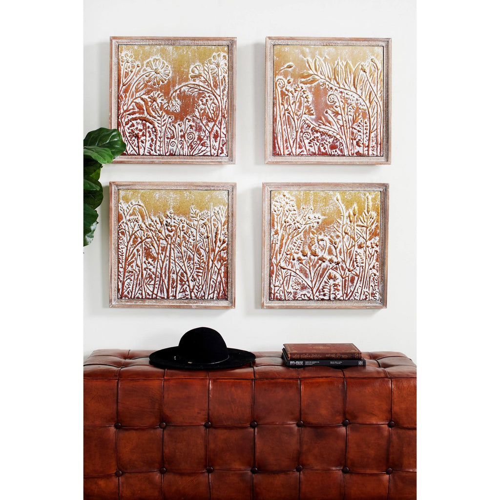 Metal Gold and Copper Embossed Botanical Floral Wall Decor Set of 4 Y4488