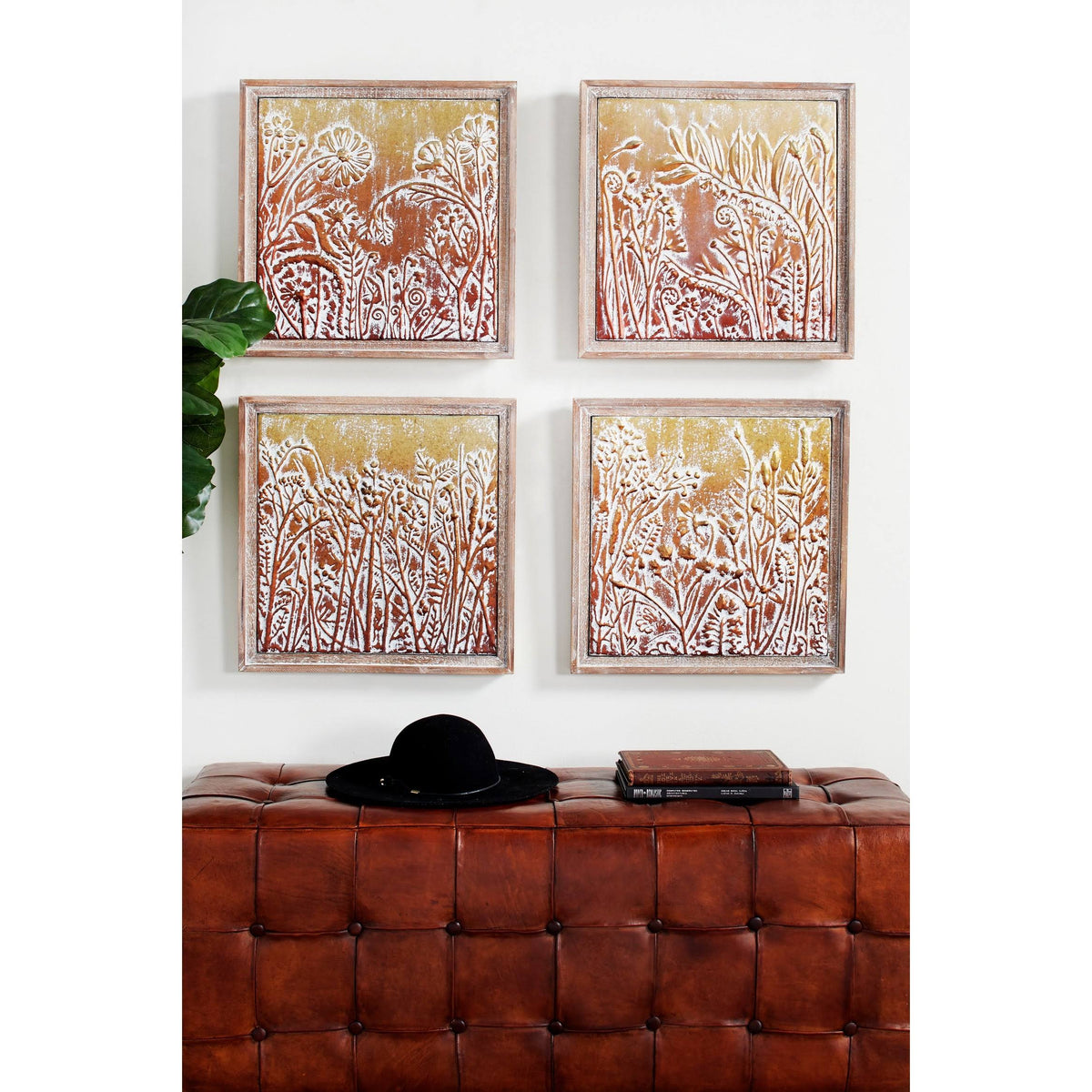 Metal Gold and Copper Embossed Botanical Floral Wall Decor Set of 4 Y4488