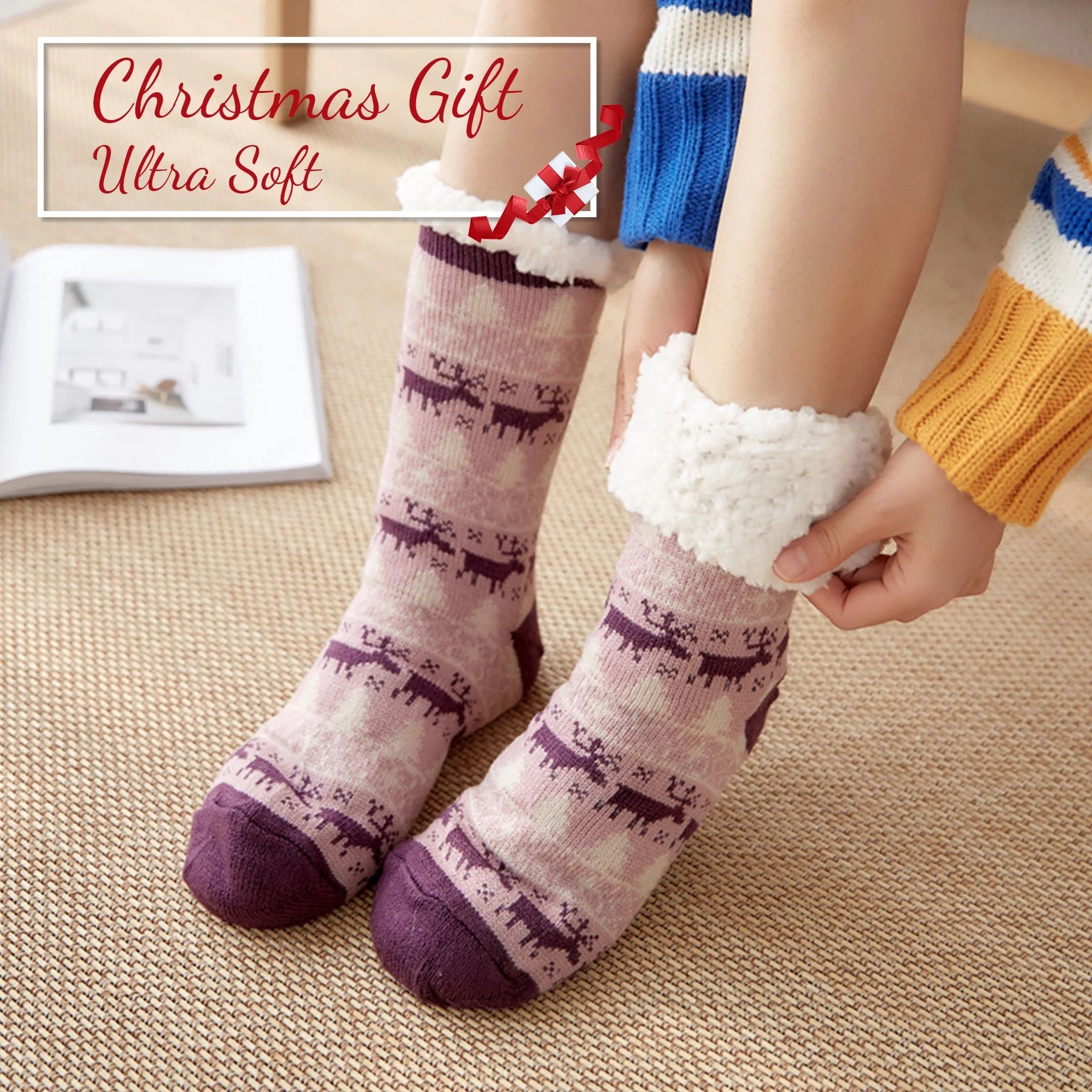 3 Pairs Non Skid Warm Thermal Plush Fuzzy Slipper Socks B8457