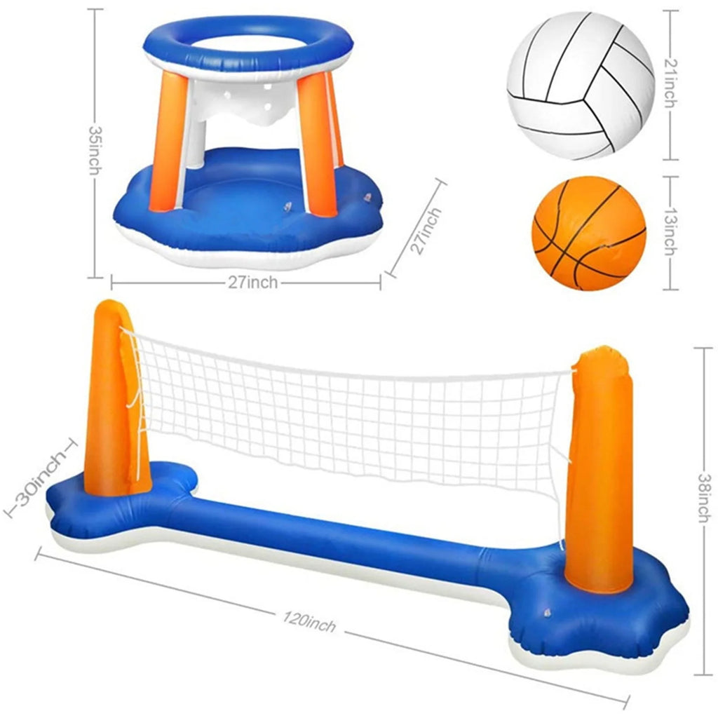 Inflatable Pool Float Set with Volleyball Net and Basketball Hoops C74989