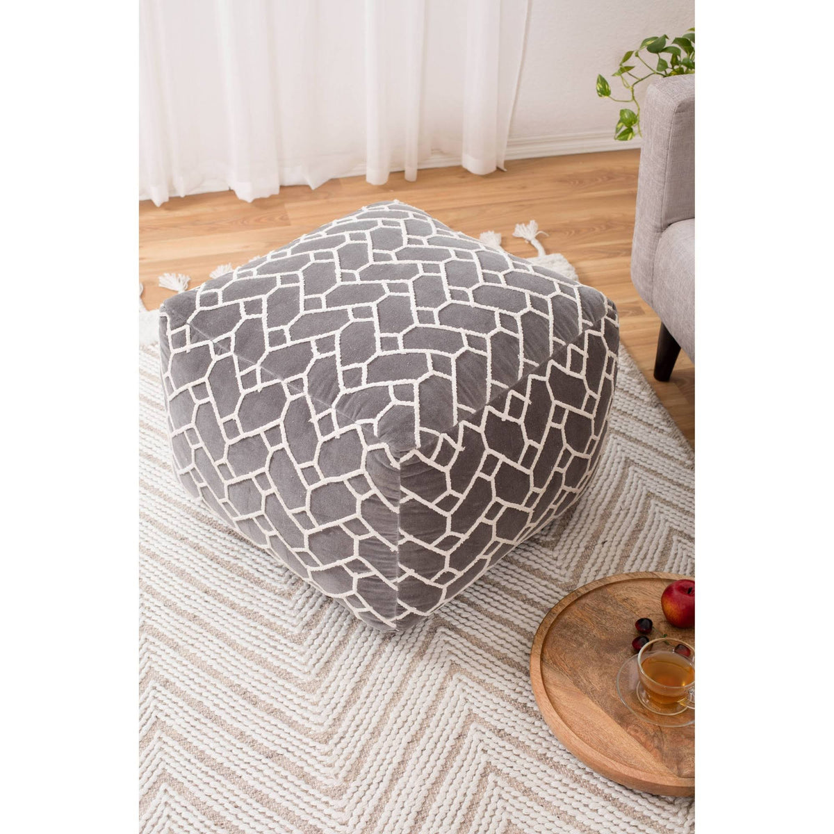 Charcoal Square Velvet Pouf N877964