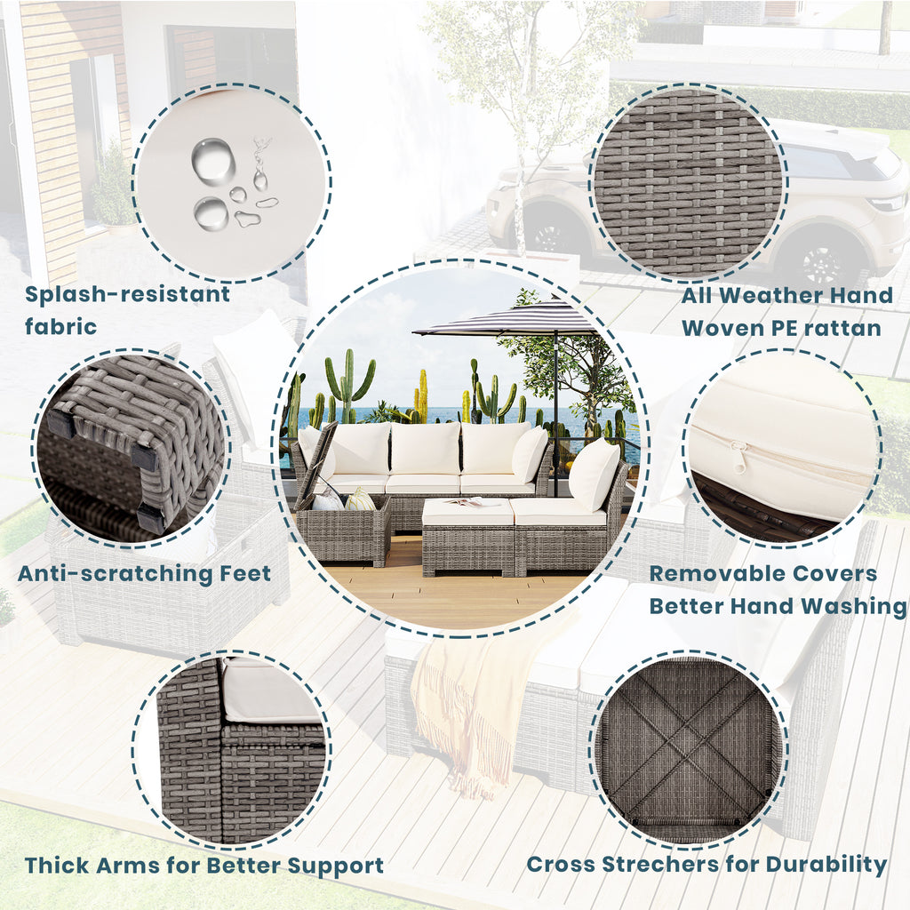 Beige 6-Piece PE Wicker Rattan Outdoor Sofa Set with Storage Table Y62626