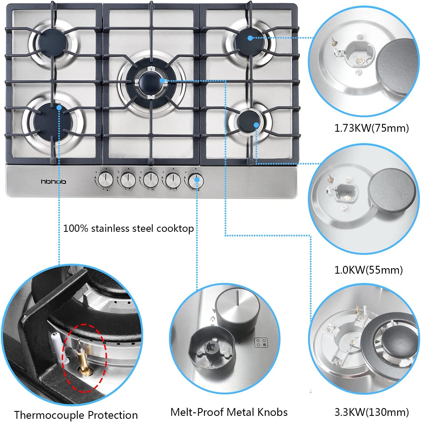 30 Inches 5 Burners Stainless Steel Gas Cooktop with Cast Iron Grates E3383
