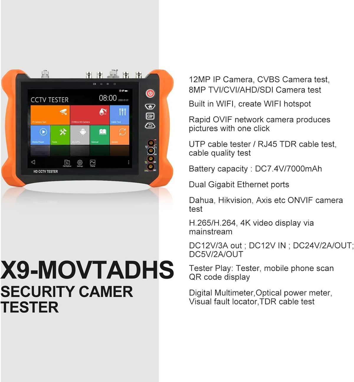 4K CCTV Camera Tester 8-inch IPS Touch Screen Monitor with HDTVI HDCVI AHD SDI IP Camera Support POE WiFi H.265 HDMI Z920562