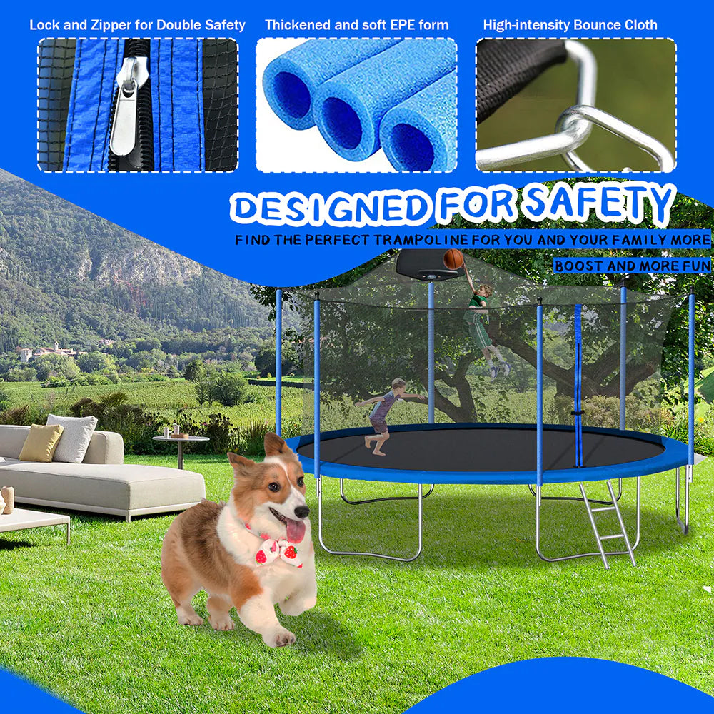14FT Trampoline with Basketball Hoop, Safety Enclosure Net & Ladder, Blue P372189