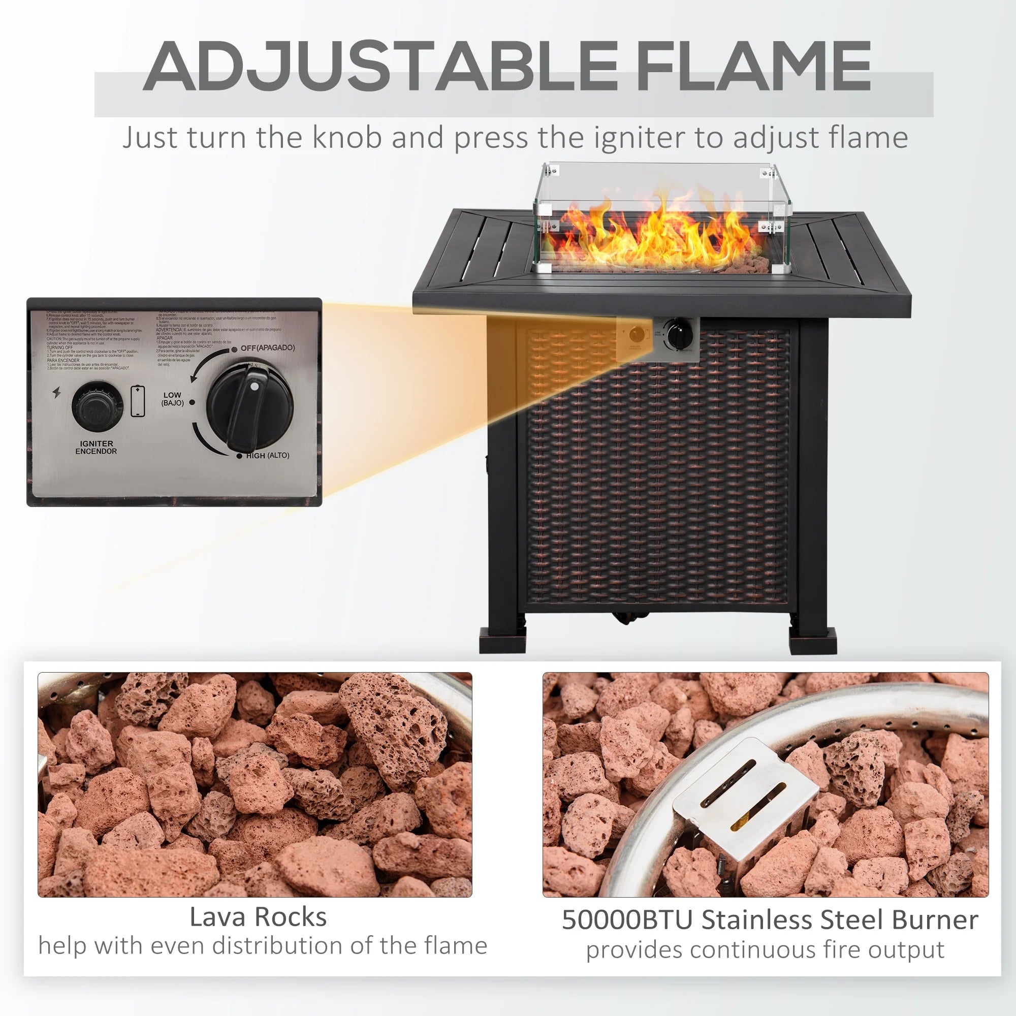 34 Inch Outdoor Propane Gas Fire Pit Table with Glass Wind Guard, Lid, Lava Rocks, Steel Base R39670