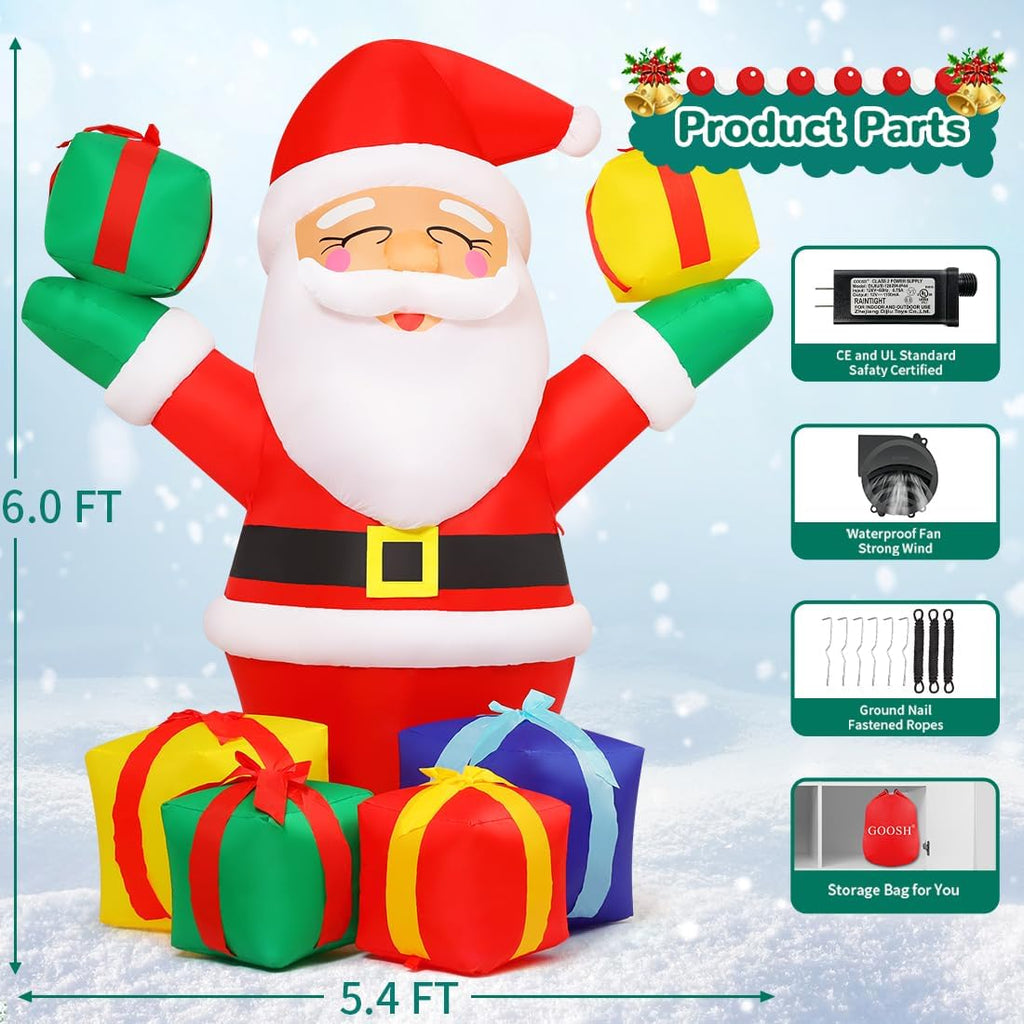 6.1 FT Christmas Inflatables Outdoor Smiling Santa Claus with Present Boxes, LED Lights Built-in V3821