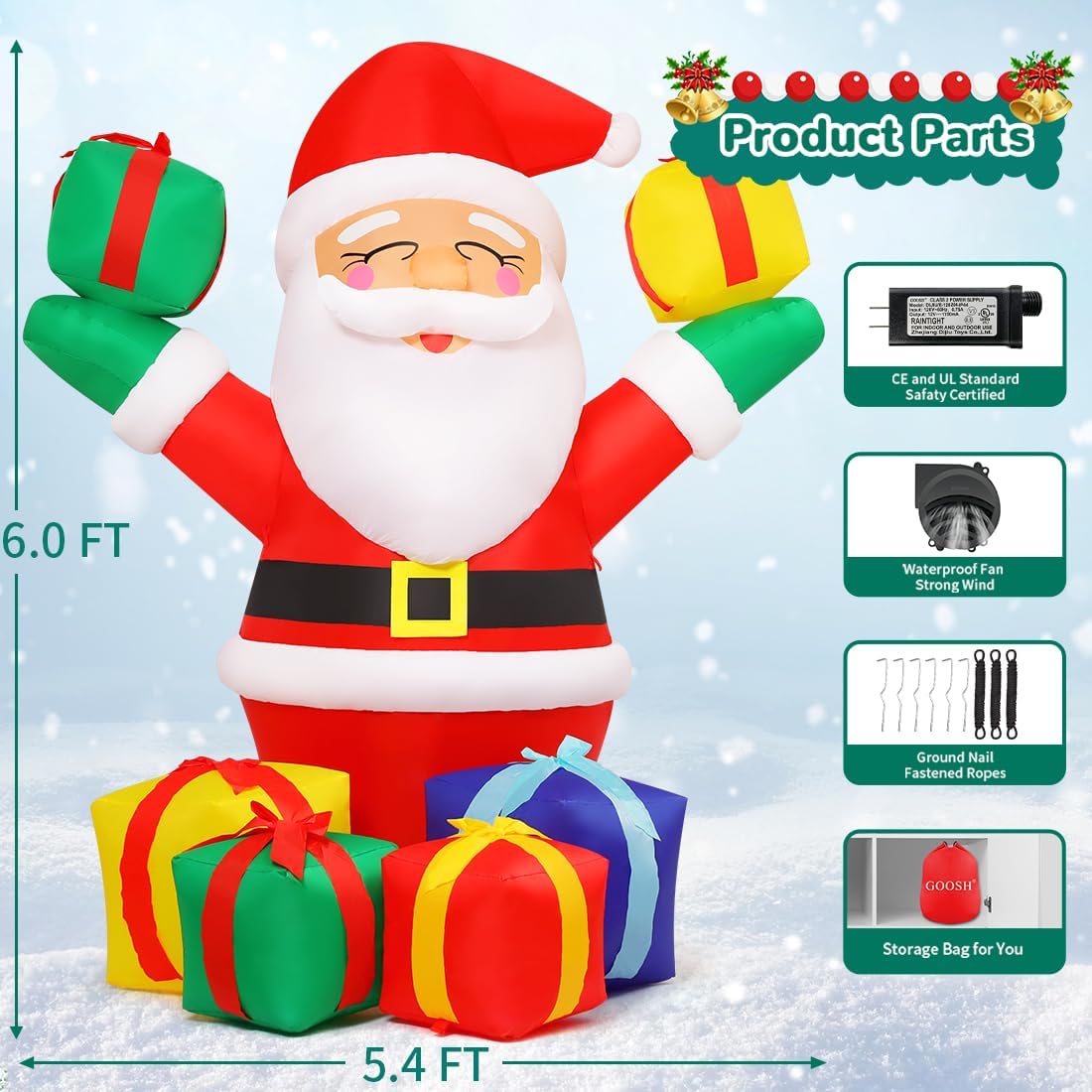 6.1 FT Christmas Inflatables Outdoor Smiling Santa Claus with Present Boxes, LED Lights Built-in V3821