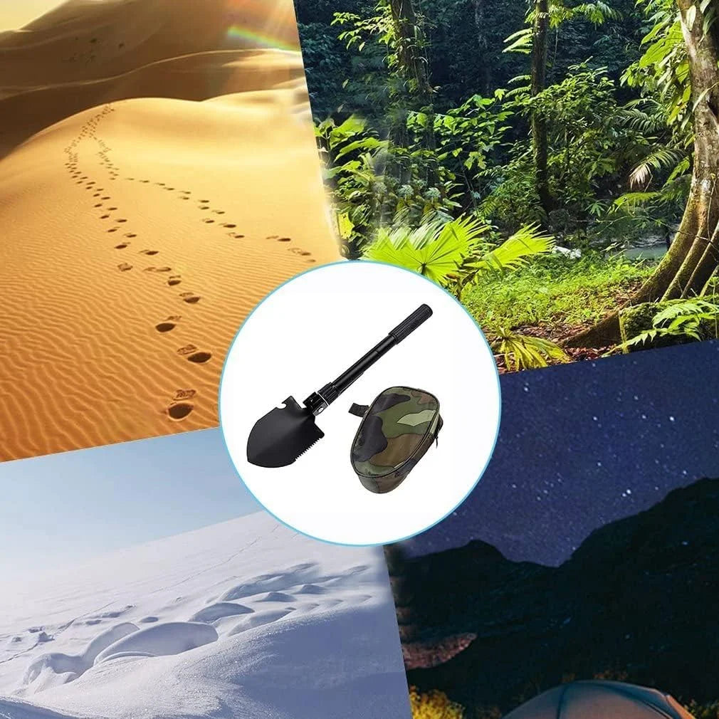 Black Folding Camping Shovel with Carrying Pouch D848789