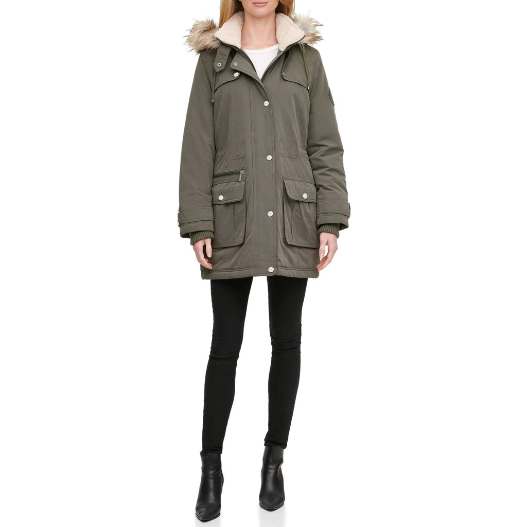 Olive Faux-Fur Trim Hooded Water-Resistant Anorak Coat J979