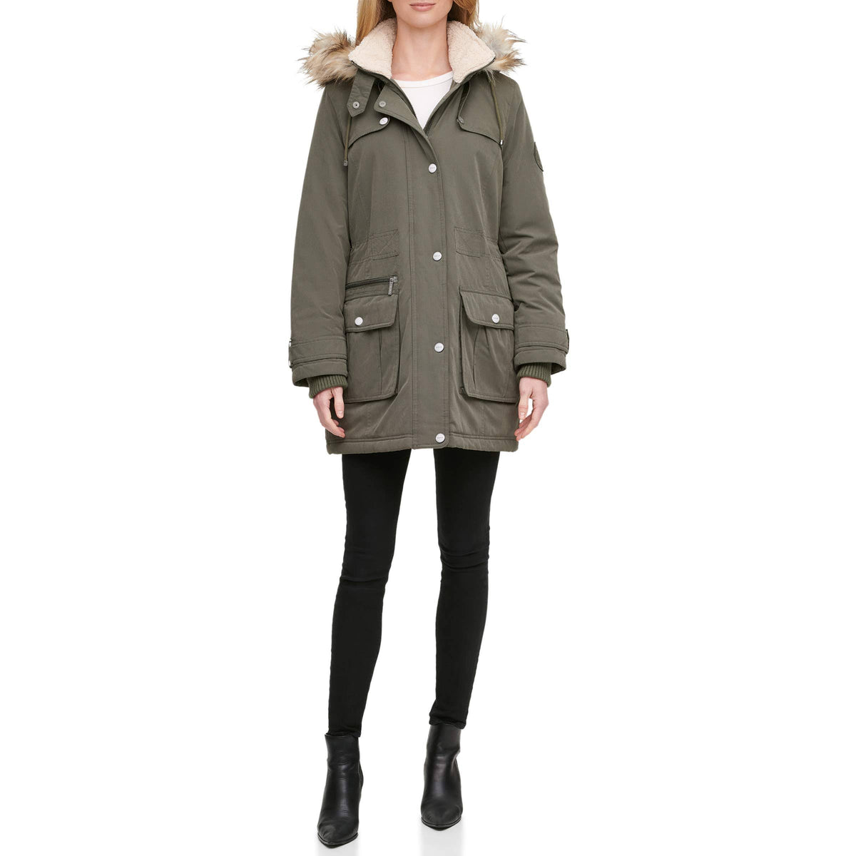 Olive Faux-Fur Trim Hooded Water-Resistant Anorak Coat J979