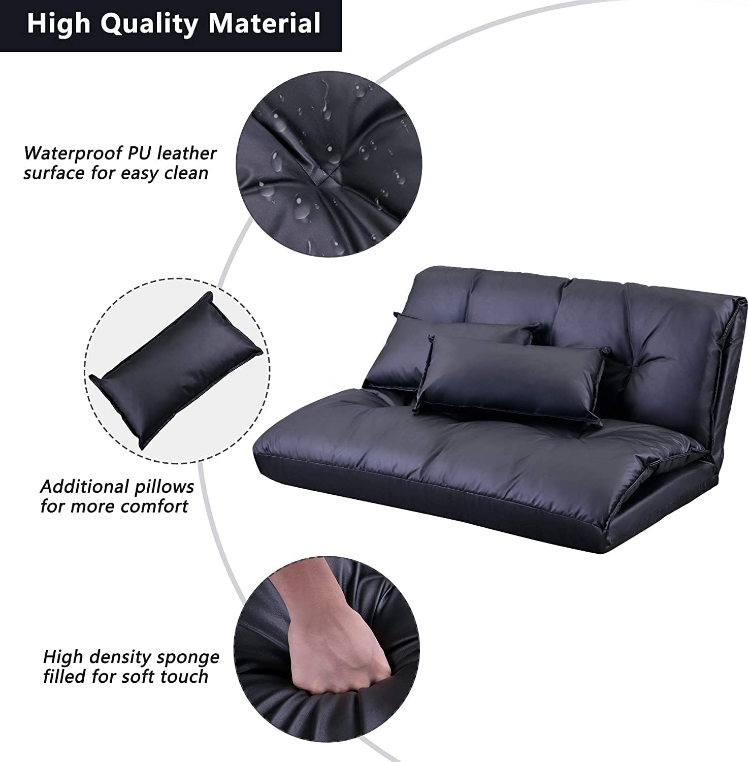 Adjustable Floor Sofa Bed with 2 Pillows, 5 Reclining Position, Black Z229957