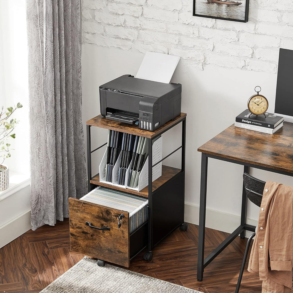 Rustic Brown and Black Rolling File Cabinet with Drawer and Lock Z331024