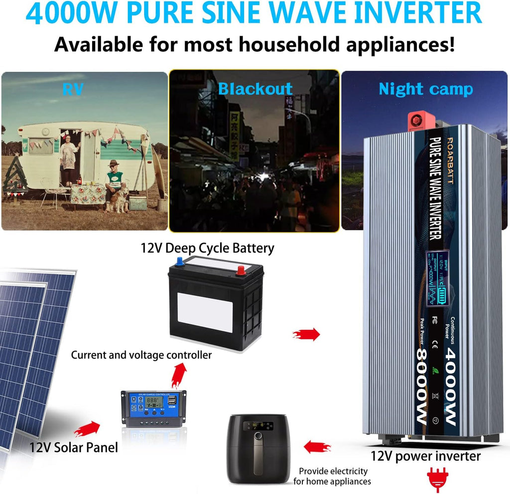4000Watt 12V DC to AC 110V Power Inverter with Remote Control 4 AC Outlets Dual USB Port U7793