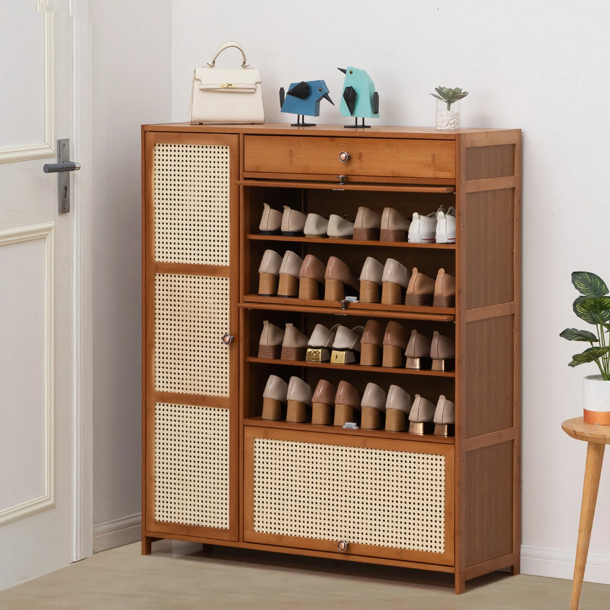 Bamboo 28 Pairs Shoe Cabinet with Rattan Doors and Boots Compartments B431