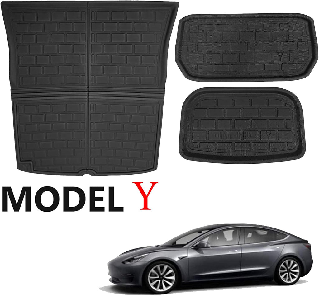 Black All-Weather Waterproof Floor Mats for Tesla Model Y 2020 2021 2022 Custom Fit XPE Car Floor Liners Cargo Tray Trunk Snowproof 1st & 2nd Row X316