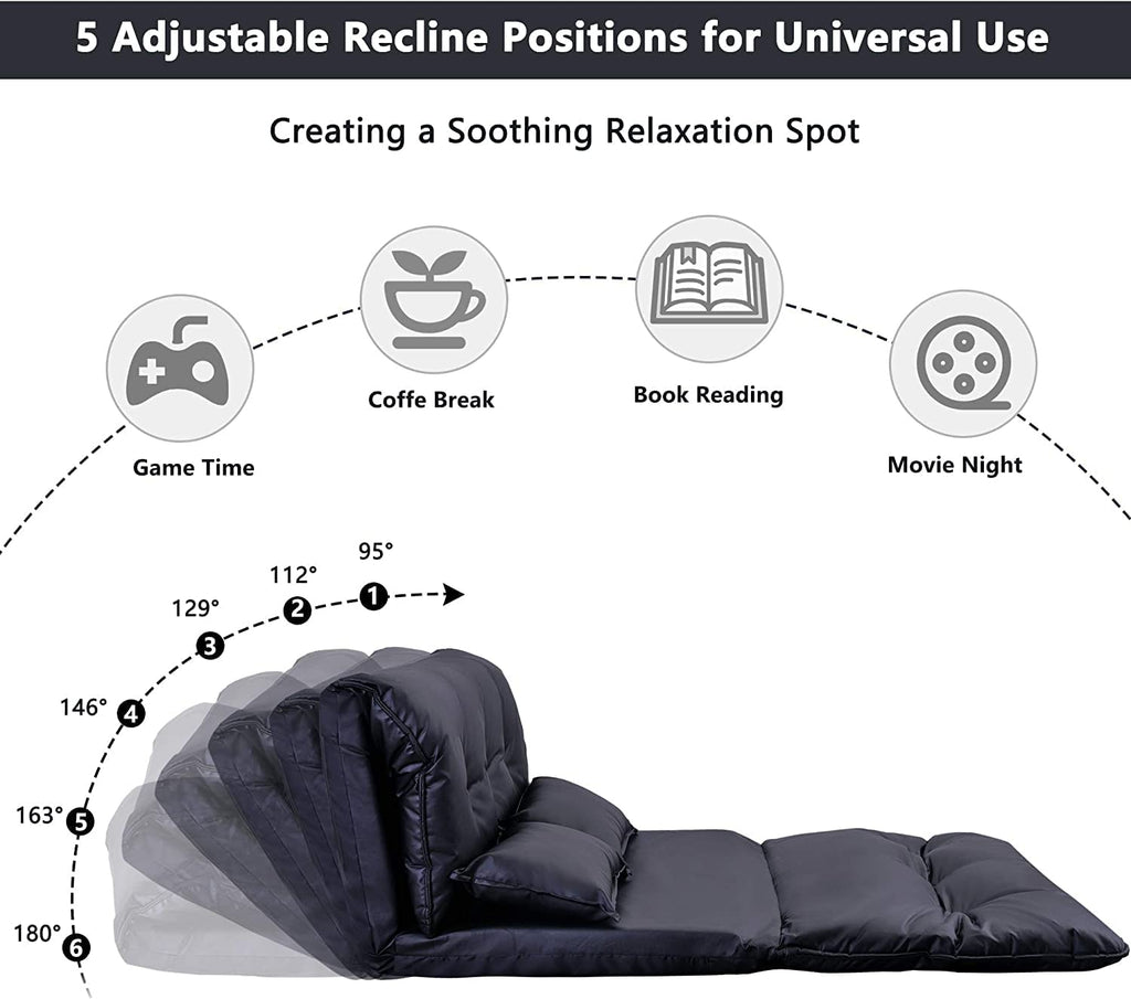 Adjustable Floor Sofa Bed with 2 Pillows, 5 Reclining Position, Black Z229957