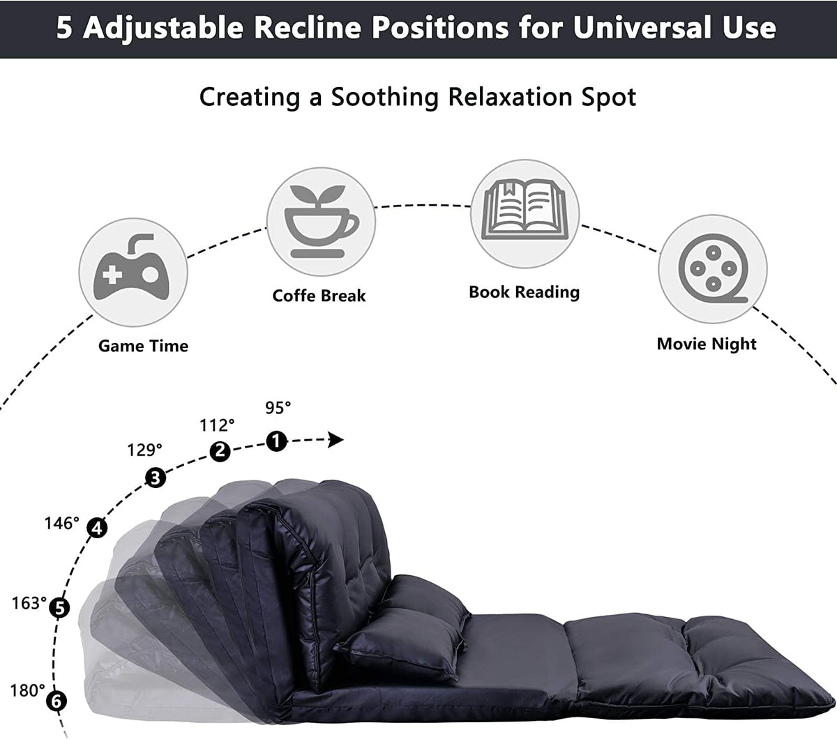 Adjustable Floor Sofa Bed with 2 Pillows, 5 Reclining Position, Black Z229957