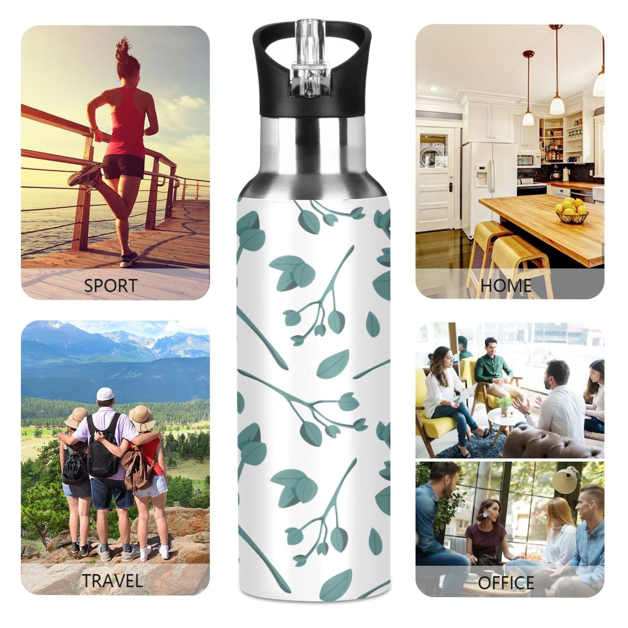 Blue Leaves Stainless Steel Insulated Water Bottle with Straw Lid H273