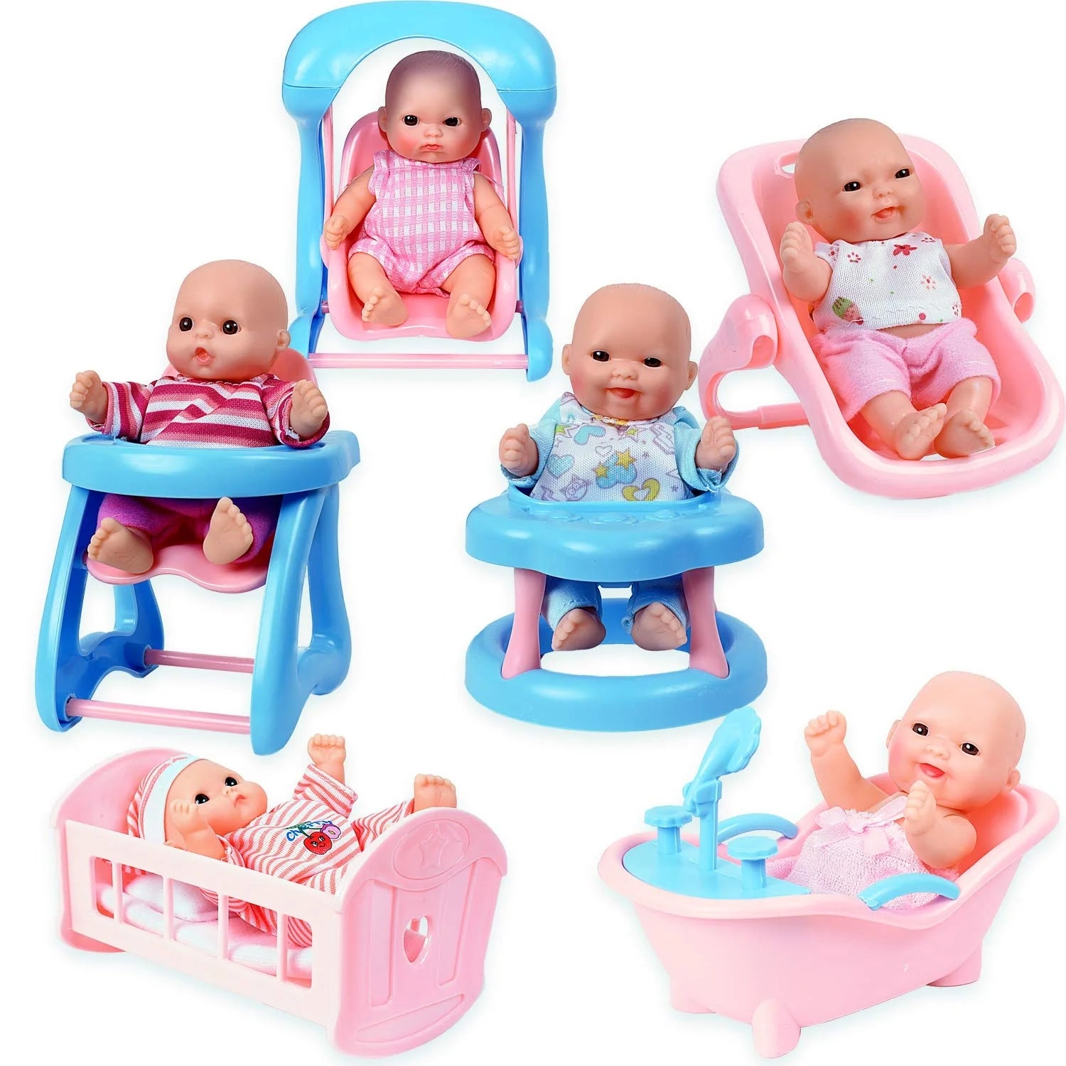 Set of 6 Scary Baby Mini Dolls with Cradle, High Chair, Walker, Bathtub, Swing, and Baby Seat O71175