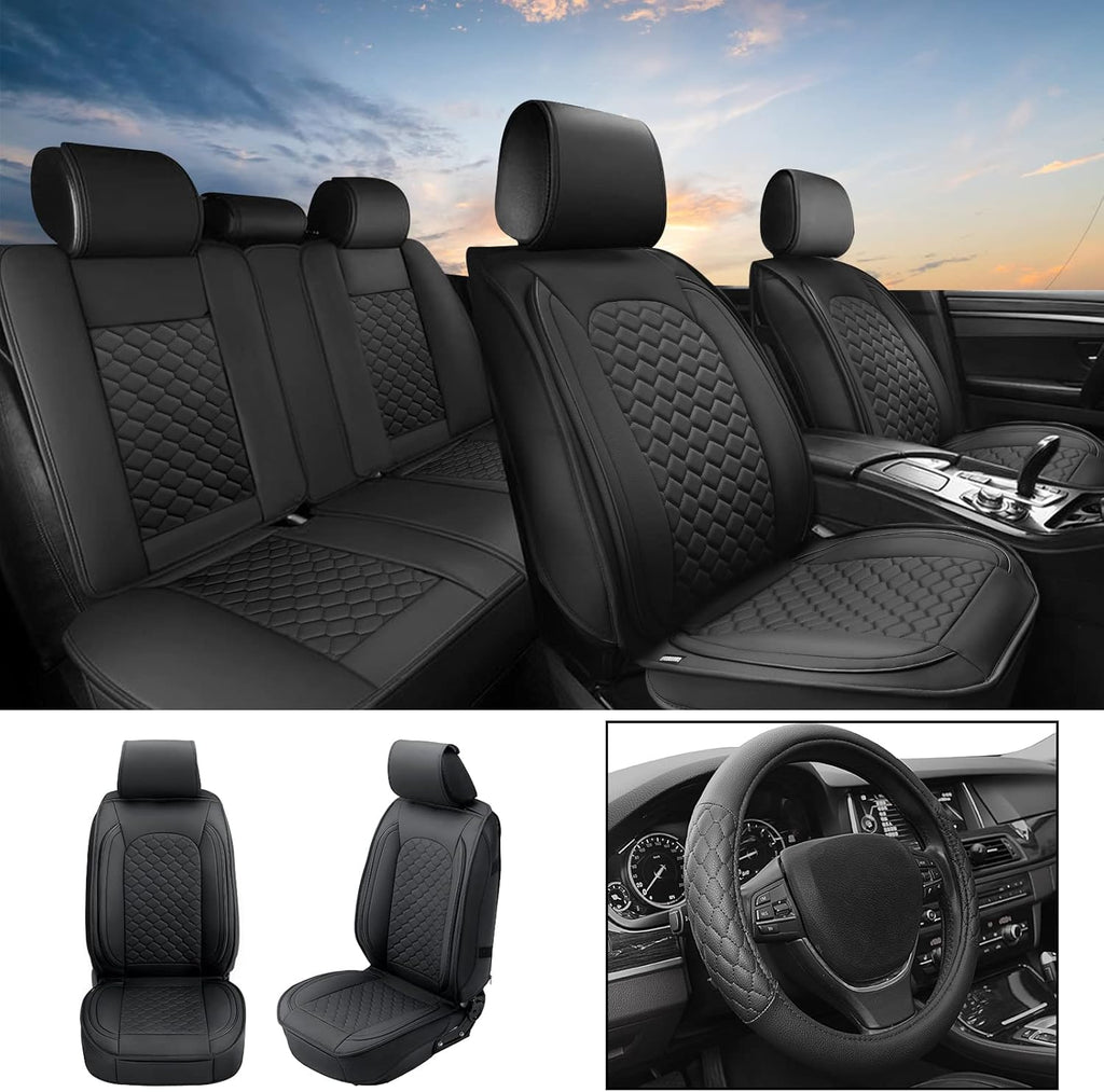 Black Leather Full Set Car Seat Covers with Steering Wheel Cover W740