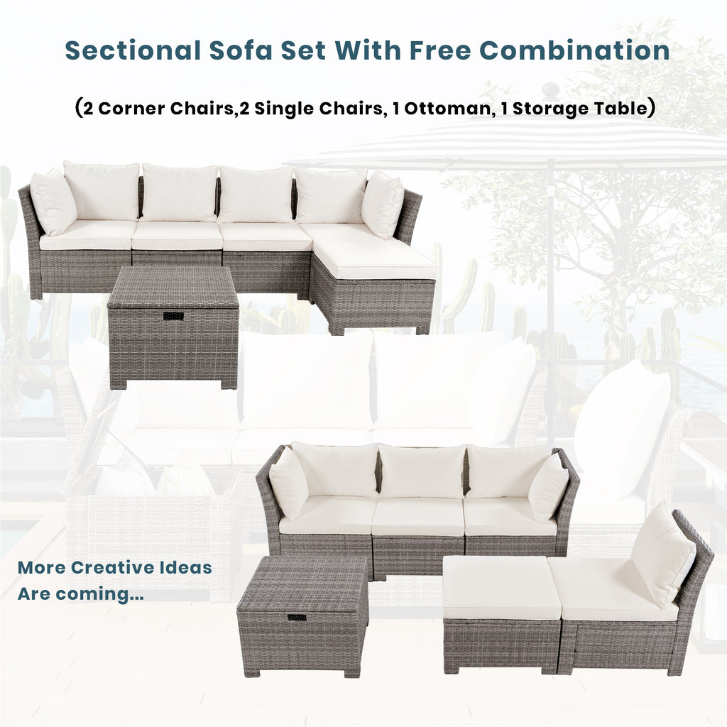 Beige 6-Piece PE Wicker Rattan Outdoor Sofa Set with Storage Table Y62626