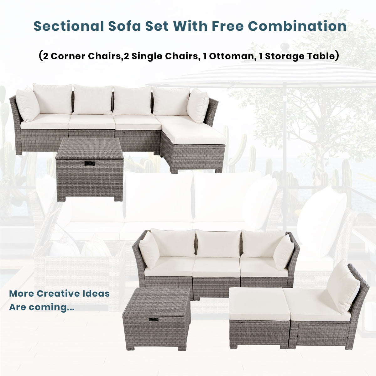 Beige 6-Piece PE Wicker Rattan Outdoor Sofa Set with Storage Table Y62626