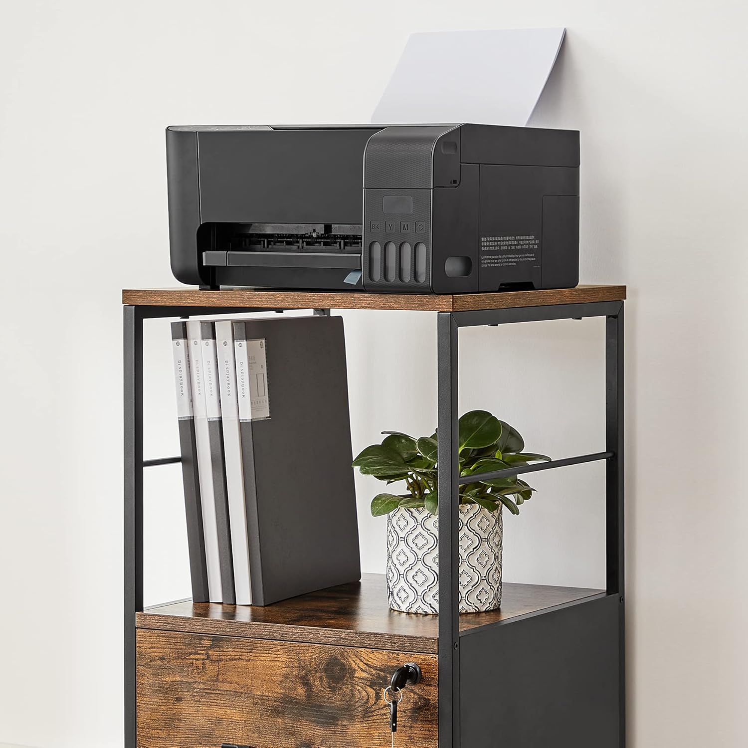 Rustic Brown and Black Rolling File Cabinet with Drawer and Lock Z331024
