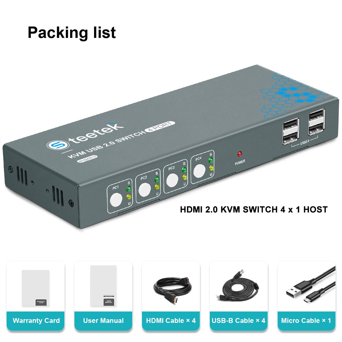 KVM Switch HDMI 4 Port, 4K@60Hz, 4 USB 2.0 Port, with 4 HDMI and 4 USB Cables Pack of 2 P5327
