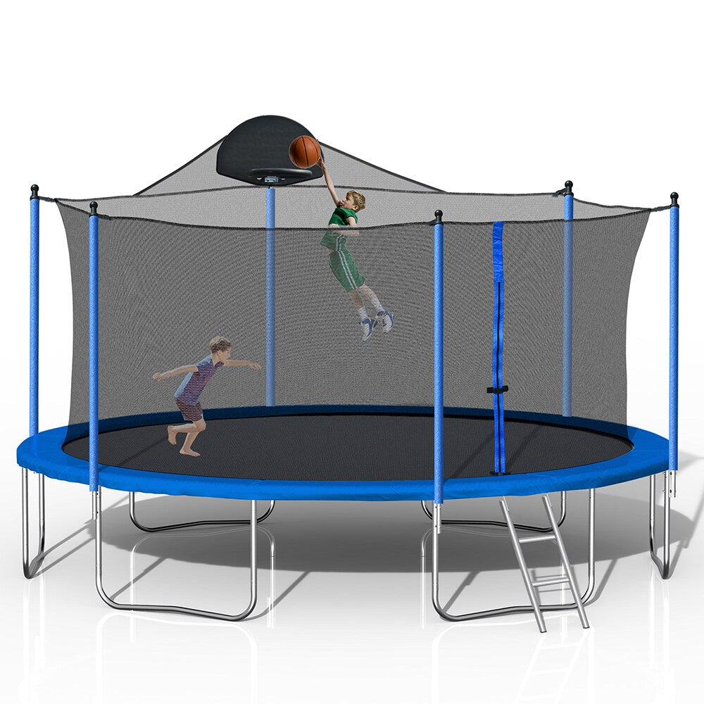 14FT Trampoline with Basketball Hoop, Safety Enclosure Net & Ladder, Blue P372189